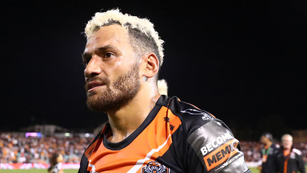 Apisai Koroisau of the Tigers celebrates after winning the round three NRL match between Wests Tigers and Cronulla Sharks at Leichhardt Oval, on March 23, 2024, in Sydney, Australia. (Photo by Jeremy Ng/Getty Images)