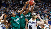 19 July 2024, Berlin: Basketball, Women: International match, Germany - Nigeria, Uber Arena. Germany's Alina Hartmann (r-l) against Blessing Ejiofor, Lauren Ebo and Elizabeth Balogun from Nigeria. Photo: Andreas Gora/dpa (Photo by Andreas Gora/picture alliance via Getty Images)