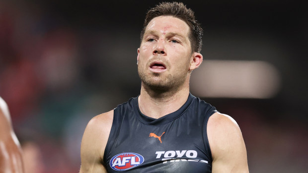 Toby Greene of the Giants looks dejected after the AFL First Qualifying Final match between Sydney Swans and Greater Western Sydney Giants at Sydney Cricket Ground, on September 07, 2024, in Sydney, Australia. (Photo by Matt King/AFL Photos/via Getty Images)