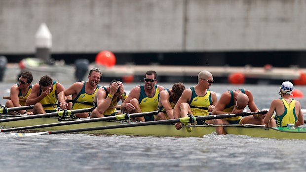 Australia's men's eight team reacts after coming in last in the final at Paris 2024.