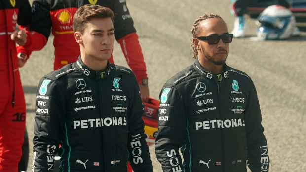New teammates this season George Russel and Lewis Hamilton.