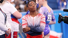 Simone Biles of Team United States looks on during the Women's Balance Beam Final on day eleven of the Tokyo 2020 Olympic Games.