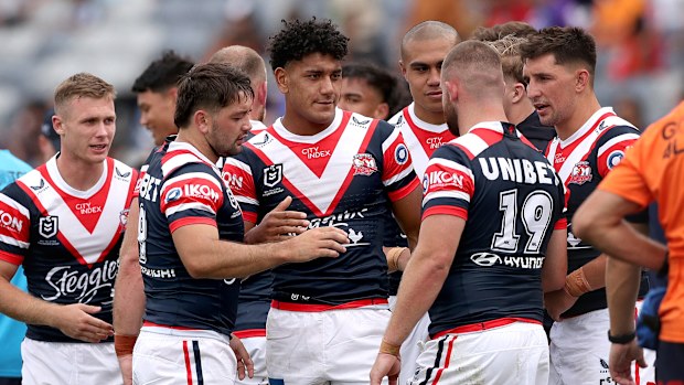 Brandon Smith of Roosters is seen after the game during the NRL Trial match between Melbourne Storm and Sydney Roosters at GMHBA Stadium on February 12, 2023 in Geelong, Australia. (Photo by Kelly Defina/Getty Images)
