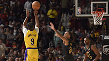 Bronny James of the Los Angeles Lakers shoots the ball during the game against the Cleveland Cavaliers.