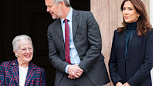 (L-R) Queen Anne-Marie of Greece, Queen Margrethe of Denmark, King Frederik X of Denmark, Queen Mary of Denmark, and Tilia, Queen Margrethe of Denmark's dachshund, attend the celebration of Queen Margrethe's 86th birthday at Fredensborg Palace in Fredensborg, North Zealand, Denmark, on April 16, 2026. As part of the celebration, the royals will attend a concert by the Royal Life Guards Band in the Inner Palace. (Photo by Kristian Tuxen Ladegaard Berg/NurPhoto via Getty Images)