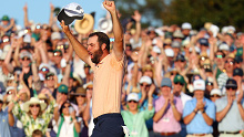 AUGUSTA, GEORGIA - APRIL 14: Scottie Scheffler of the United States celebrates on the 18th green after winning the 2024 Masters Tournament at Augusta National Golf Club on April 14, 2024 in Augusta, Georgia. (Photo by Andrew Redington/Getty Images)