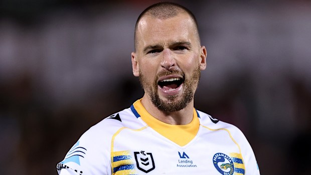Clint Gutherson of the Eels reacts during the round 26 NRL match between Penrith Panthers and Parramatta Eels at BlueBet Stadium on August 24, 2023 in Penrith, Australia. (Photo by Mark Metcalfe/Getty Images)