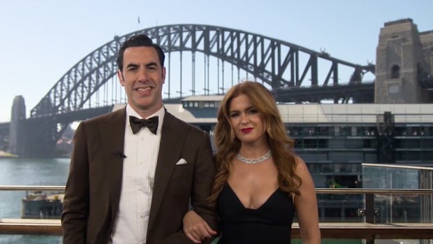 Isla Fisher and husband Sacha Baron Cohen crossed live to the Oscars from Sydney on April 26, 2021.