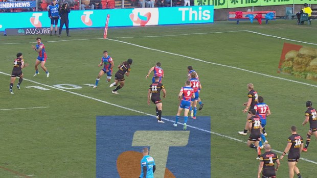 Jarome Luai ran through a massive hole in the Newcastle defence to score his first try of the afternoon.