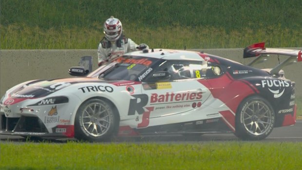 The engine in the Toyota Supra of Andre Heimgartner blew in spectacular fashion early in Saturday night's Supercars race.