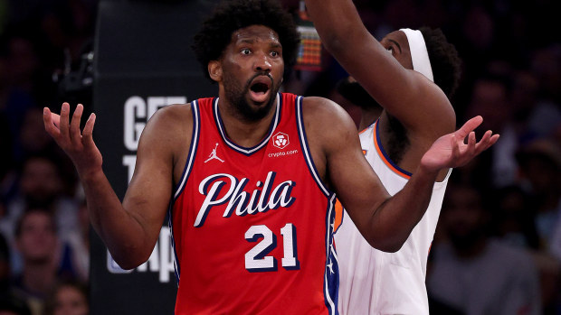Joel Embiid of the Philadelphia 76ers reacts to a call.