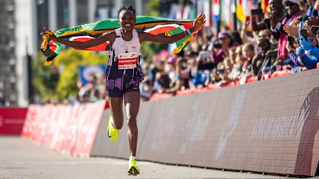 Ruth Chepngetich completing the 2025 Chicago Marathon and annihilating the women's marathon world record. The Kenyan has since been found guilty of doping.