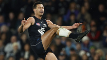 MELBOURNE, AUSTRALIA - JULY 15: Jack Silvagni of the Blues kicks a goal during the round 18 AFL match between Carlton Blues and Port Adelaide Power at Marvel Stadium, on July 15, 2023, in Melbourne, Australia. (Photo by Daniel Pockett/Getty Images)