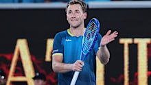 Casper Ruud of Norway celebrates after defeating Jaume Munar of Spain in their second round match at the Australian Open tennis championship in Melbourne, Australia, Friday, Jan. 23, 2026. (AP Photo/Dita Alangkara)
