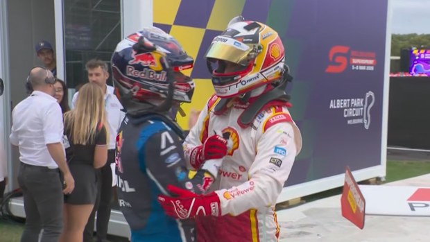 Broc Feeney and Brodie Kostecki congratulate each other after a thrilling third Supercars race of the weekend at the Australian Grand Prix.