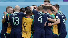 Mitchell Duke of Australia celebrates his goal with teammates in the Socceroos' FIFA World Cup win over Tunisia.