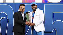 International Cricket Council chairman Jay Shah (left) and Indian captain Rohit Sharma during the Champions Trophy final presentation.