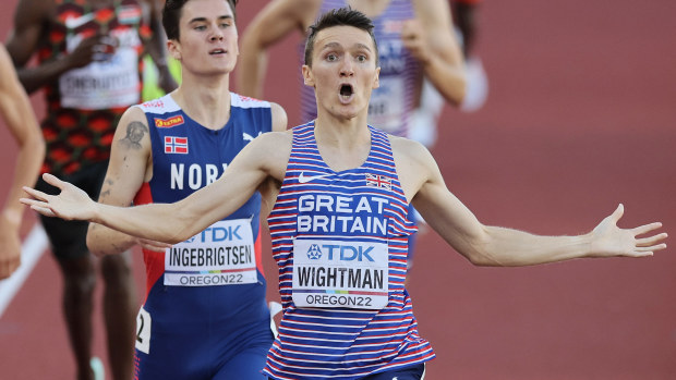 Britain's Jake Wightman crosses the finish line in the men's 1500m final.