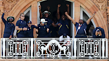 South Africa celebrates the win on the Lord's pavilion. 