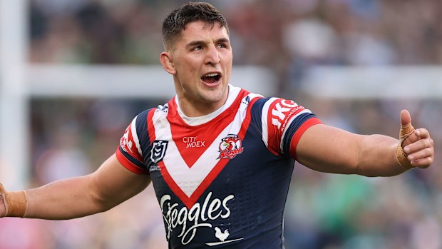 Victor Radley reacts after been placed on report and sent to the sin bin by referee Ashley Klein during the elimination final between the Roosters and the Rabbitohs. 