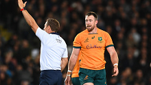 Jed Holloway of the Wallabies receives a yellow card from referee Andrew Brace in their match against the All Blacks at Eden Park.