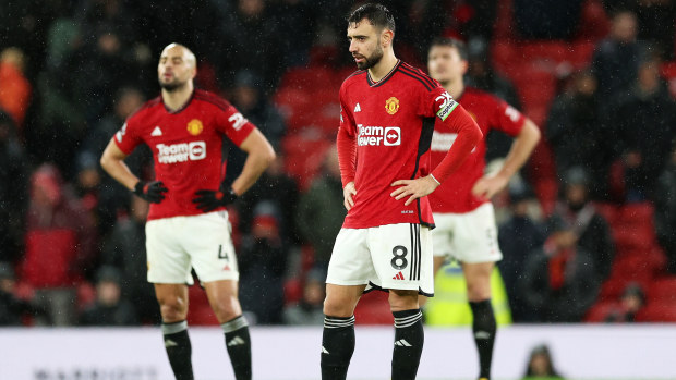 Bruno Fernandes of Manchester United reacts after the team concedes a fourth goal from Dango Ouattara of AFC Bournemouth (not pictured) which is later ruled out for offside during the Premier League match between Manchester United and AFC Bournemouth at Old Trafford on December 09, 2023 in Manchester, England. (Photo by Clive Brunskill/Getty Images)