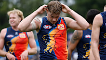 ADELAIDE, AUSTRALIA - APRIL 11: Harley Reid of the Eagles looks dejected after a loss during the 2026 AFL Round 05 match between the Geelong Cats and the West Coast Eagles at Norwood Oval on April 11, 2026 in Adelaide, Australia. (Photo by Michael Willson/AFL Photos via Getty Images)
