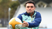 Alex Hodgman of the Wallabies passes the ball at Lakeside Stadium.