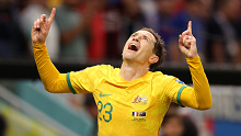 Craig Goodwin of Australia celebrates scoring his side's first goal during the FIFA World Cup Qatar 2022 Group D match between France and Australia at Al Janoub Stadium on November 22, 2022 in Al Wakrah, Qatar. (Photo by Patrick Smith - FIFA/FIFA via Getty Images)