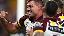 Corey Oates celebrates a try earlier this year. 