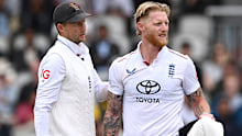 MANCHESTER, ENGLAND - JULY 27: England captain Ben Stokes reacts with Joe root after bowling during day five of the 4th Test Match between England and India at Emirates Old Trafford on July 27, 2025 in Manchester, England. (Photo by Stu Forster/Getty Images)