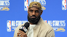 LeBron James speaks to media ahead of the All-Star game. 
