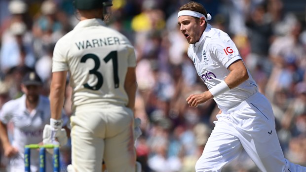 Stuart Broad celebrates dismissing David Warner of during day two of the third Test between England and Australia at Headingley.