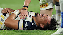 SYDNEY, AUSTRALIA - MAY 01: Jeremiah Nanai of the Cowboys reacts to an injury during the round nine NRL match between the Canterbury Bulldogs and North Queensland Cowboys at Accor Stadium on May 01, 2026 in Sydney, Australia. (Photo by Darrian Traynor/Getty Images)