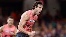 Ben King celebrates a goal during the Suns' maiden finals campaign in the 2025 second semi final against cross-town rivals Brisbane.