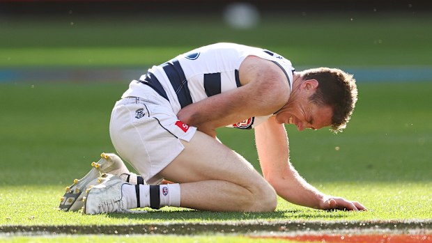AFL grand final 2025: Geelong Cats' Jeremy Cameron broken arm injury,  collision with Patrick Dangerfield, defeated by Brisbane Lions | Nine.com.au