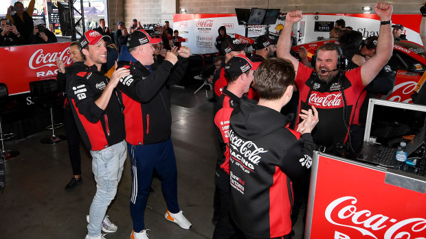 Erebus Motorsport team members celebrate after Brodie Kostecki, driver of the Erebus Motorsport Chevrolet Camaro claimed pole position during the Bathurst 1000, part of the 2023 Supercars Championship Series at Mount Panorama on October 07, 2023 in Bathurst, Australia. (Photo by Morgan Hancock/Getty Images)