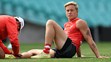 Isaac Heeney receiving medical attention at training on Tuesday.