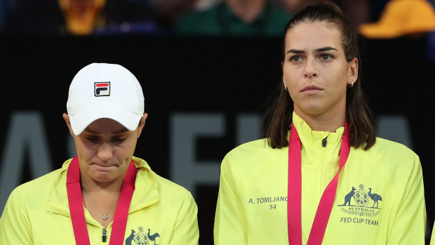 Ash Barty and Ajla Tomljanovic after being defeated in the 2019 Fed Cup Final tie.