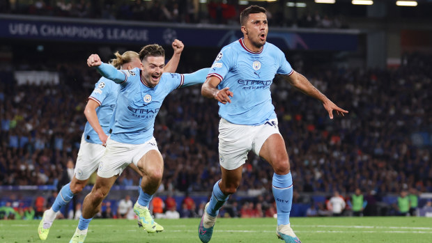 Rodri of Manchester City celebrates after scoring.