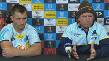Kieran Foran and Des Hasler react after their side's loss. 