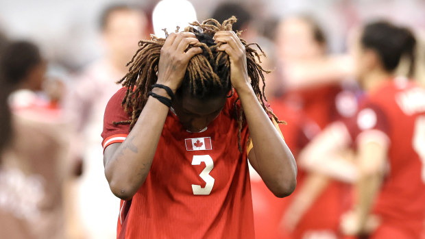 Kadeisha Buchanan #3 of Team Canada looks dejected after the team's defeat in the Women's Quarterfinal match between Canada and Germany during the Olympic Games Paris 2024 at Stade de Marseille on August 03, 2024 in Marseille, France. (Photo by Alex Livesey/Getty Images)