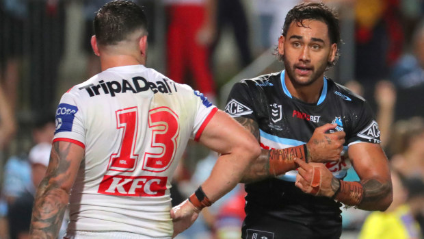 Briton Nikora scores a try and celebrates during the round four NRL match between St George Illawarra Dragons and Cronulla Sharks at Netstrata Jubilee Stadium on March 26, 2023 in Sydney, Australia. 