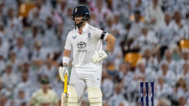 Ben Duckett of England reacts after getting out bowled during day 3 of the Second 2025/26 Ashes Series Test Match between Australia and England at The Gabba on December 06, 2025 in Brisbane, Australia. (Photo by Santanu Banik/MB Media/Getty Images)