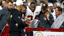 PITTSBURGH, PENNSYLVANIA - SEPTEMBER 18:  Nick Chubb #24 of the Cleveland Browns is carted off the field after sustaining a knee injury during the second quarter against the Pittsburgh Steelers at Acrisure Stadium on September 18, 2023 in Pittsburgh, Pennsylvania. (Photo by Justin K. Aller/Getty Images)
