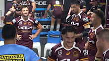 Broncos players before running out to face the Roosters in round six.