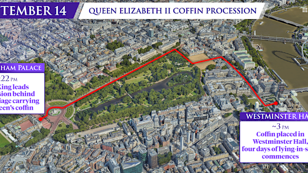 Queen Elizabeth II coffin procession from Buckingham Palace to Westminster Hall on September 14.