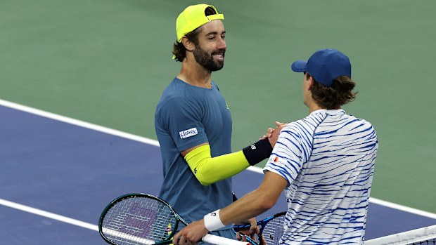 Alex de Minaur of Australia shakes hands with Jordan Thompson of Australia after winning their Men's Singles Fourth Round match on Day Eight of the 2024 US Open at USTA Billie Jean King National Tennis Center on September 02, 2024 in the Flushing neighborhood of the Queens borough of New York City. (Photo by Jamie Squire/Getty Images)