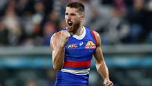 Marcus Bontempelli of the Bulldogs celebrates during the round 24 match against the Geelong Cats.