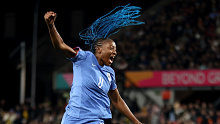 Kadidiatou Diani celebrates after scoring France's first goal during their round of 16 match between with Morocco.